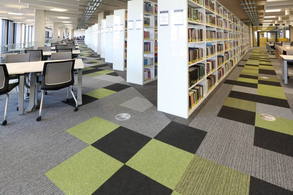 Burmatex Birmingham University Library with lime green and gray carpet tiles