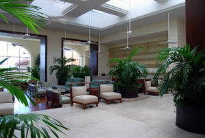 Soothing hotel lobby with large flooring tiles